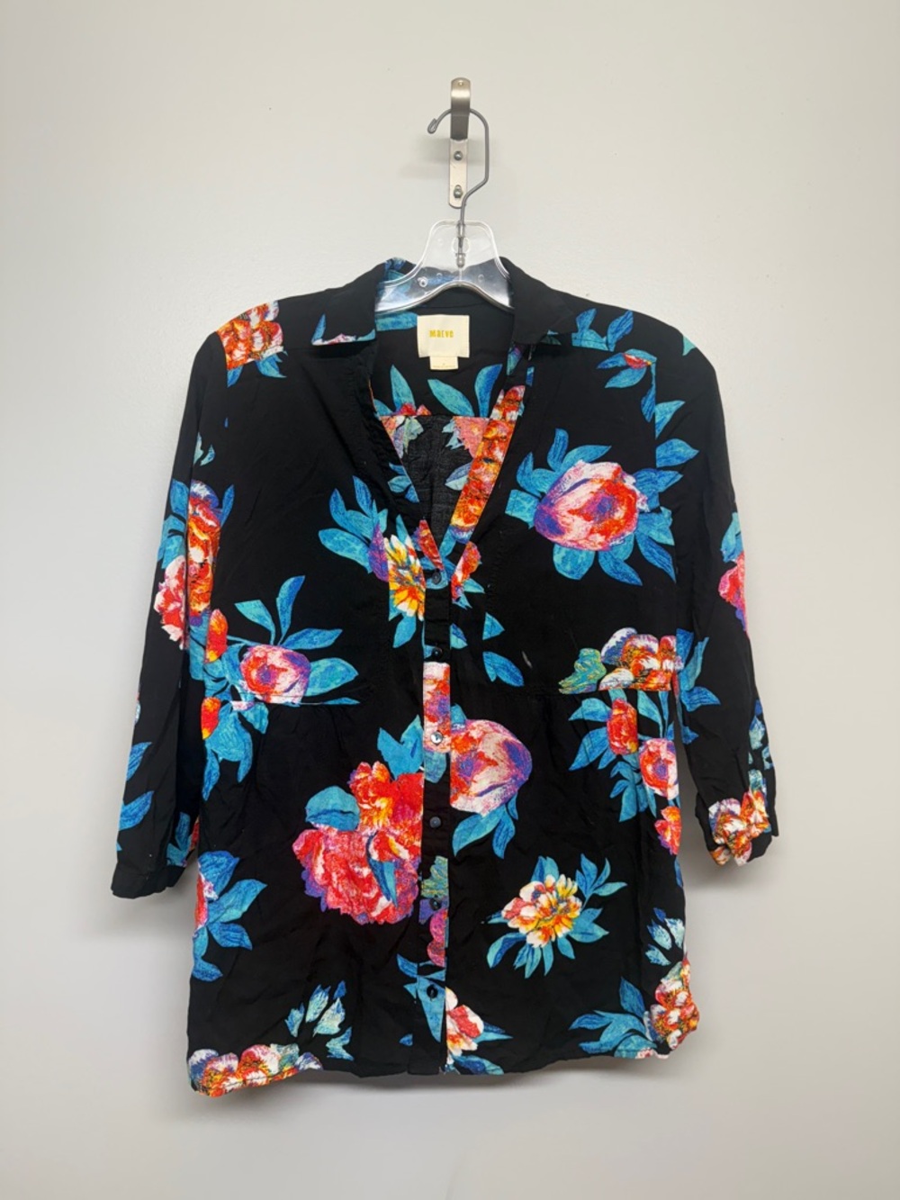 Anthropologie Maeve Black Button-Down Top with Teal & Blue Leaf Print